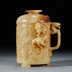 A high-quality jade covered cup with auspicious animal patterns from before the Ming Dynasty