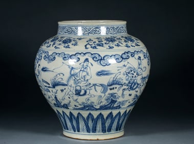 A blue and white jar with horsemen and figures from the Ming Dynasty