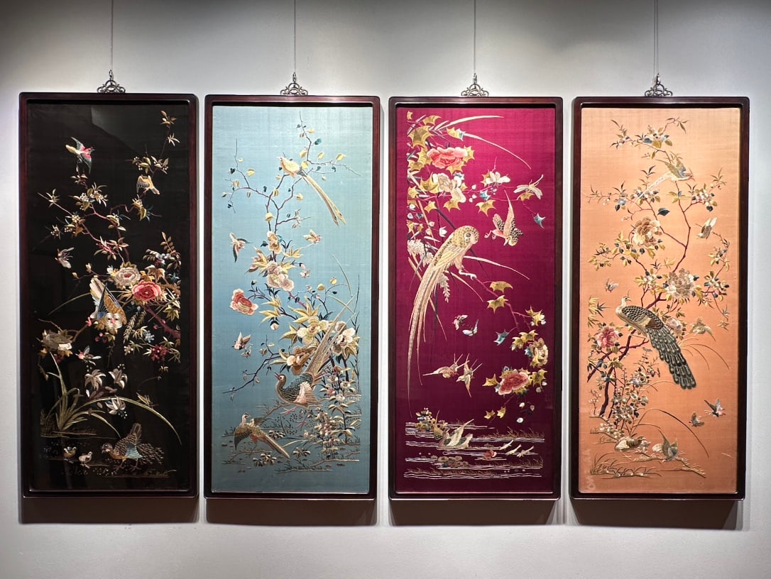 A set of four fine Guangdong embroidery flower and bird scrolls (1 of 9)