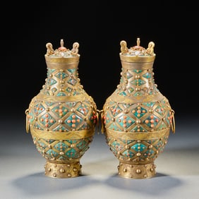 A Pair of Silver Gilt and Inlaid with Precious Stones, Double Eared Covered Vases