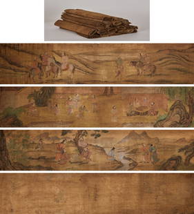 Dryu 6th Year, Silk, Khitan People's Story, Upper Part, Back Side Inscription (26 Volumes): Liao Dynasty Figure Story Picture on Hemp Cloth, 200 cm in length, 42 cm in width, with inscriptions on the back (26 volumes)