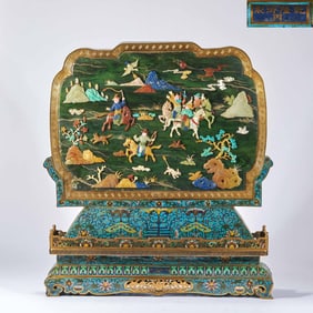 Qing Qianlong Enamel with Inlaid Jade, Hunting Screen
