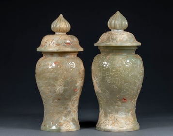A pair of ancient jade lid jars