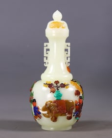 Hetian jade eight-treasure inlaid double-ear vase