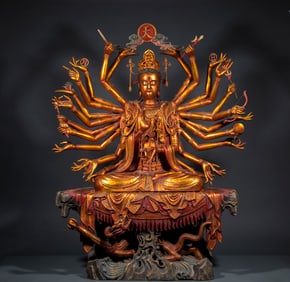 Wutong wood, gilded thousand-armed Guanyin statue