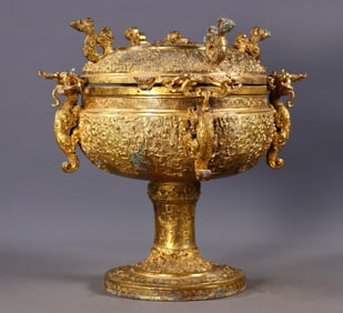 Bronze with gold plating and inscriptions, four-dragon incense burner from before the Ming Dynasty