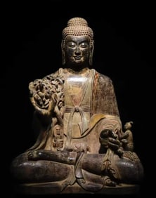 Large Buddha statue on a stone with engraved sutras and painted in colors from before the Ming