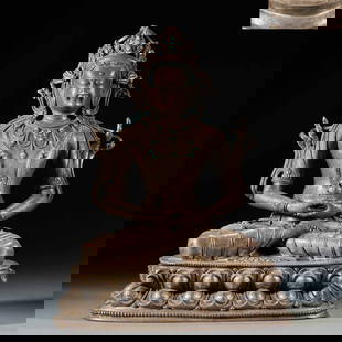 Bronze with silver plating, "Longevity Buddha": Copper with silver plating, "Longevity Buddha", 28 cm high, 22 cm long, 14 cm wide