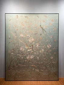 Large-sized light blue background flower-and-bird Cantonese embroidery from the late Qing Dynasty