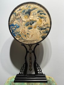 A fine double-sided folding fan with flower-and-bird and Cantonese embroidery from the Qing Dynasty
