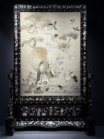 A late Qing Dynasty and Republic of China era inlaid mother-of-pearl and Cantonese embroidery screen