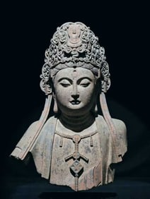 A painted Guanyin statue on bluestone from the Song Dynasty