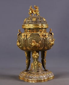 Engraved with partially gilded lion incense burners
