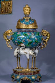 A cloisonne enamel incense burner with three crane feet and dragon ears made during the Qianlong