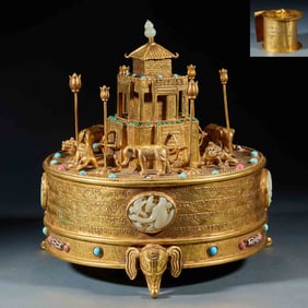 Bronze Gilded and inlaid treasure Three-legged Sandalwood City [with Scriptures inside]