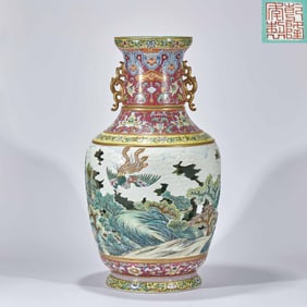 A rotating core bottle with a polychrome inlaid pattern of landscape and phoenix, made during the