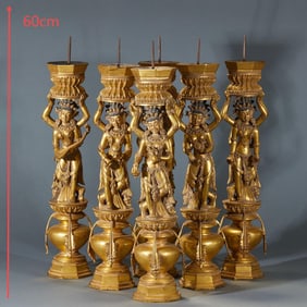 A set of six gilded bronze Dansa Buddha pillars from the Ming Dynasty