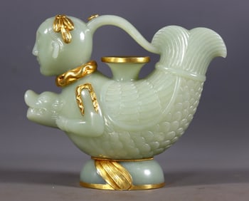 Hetian jade Golden mermaid teapot