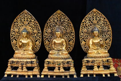 A set of gilded copper Buddha statues of the Three Sages of the West before the Ming Dynasty
