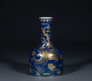 A double phoenix bell-ringing vase with gilded and clear blue glaze