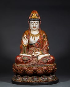 A white marble painted image of Guanyin Bodhisattva