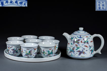 A set of Doucai flower and crane patterned tea sets made during the Chenghua period of the Ming