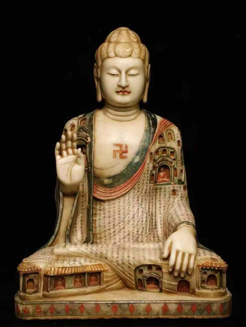 Tang Dynasty White Marble Painted Giant Buddha