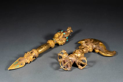 Two Gilt Bronze Inlaid Turquoise Ritual Objects