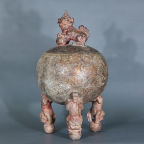 Pre-Ming Dynasty Inlaid Gold and Silver Lion Playing with Ball Large Incense Burner