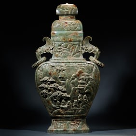 Hetian Jade Mountain Material Landscape with Pavilion and Tower and Figures Story Double-Eared Lid