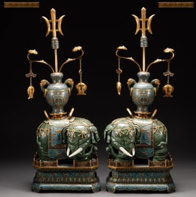 Large elephant in cloisonné with inlaid gemstones and Hetian jade