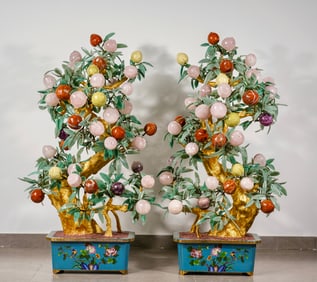 A pair of cloisonné and gemstone-inlaid peach-shaped bonsai