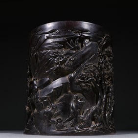 Pen holder with figures and stories in purple sandalwood woodcarving of the Qing Dynasty