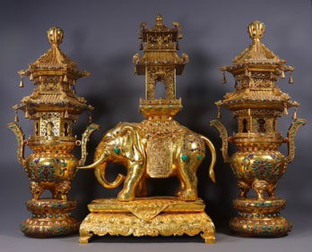 A set of copper-gilt and gemstone-inlaid elephant incense burner