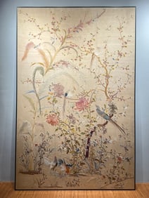 A large-scale champagne-colored Cantonese embroidery titled "Birdsong and Fragrance of Flowers"