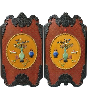A pair of rosewood-inlaid hanging screens depicting antique collection scenes