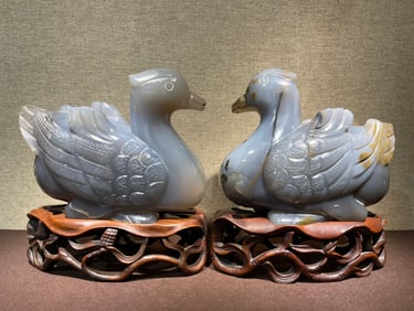 A pair of agate carvings representing mandarin ducks