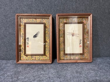 Qi Baishi’s ink painting of insects and grass, presented in a mirror frame