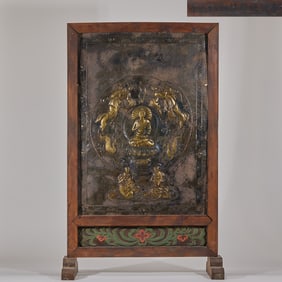 A pre-Ming Dynasty silver-gilt screen engraved with Khitan script and depicting the flying image of