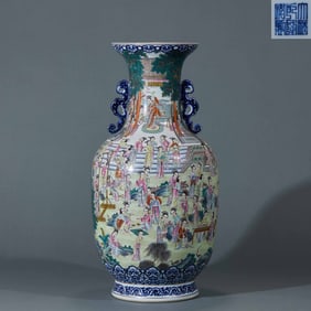 Made in the Qianlong Period of the Qing Dynasty, Pink Glaze, "One Hundred Beauties" Double-Eared