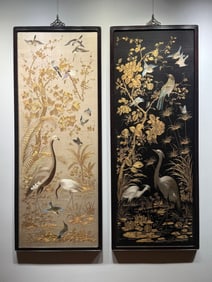 Fine Gold-Threaded Cantonese Embroidery "Lucky Cranes in a Row"