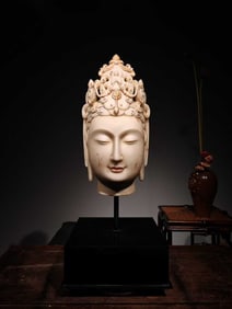 Northern Qi Dynasty Guanyin Head Statue, White Marble with Color Painting