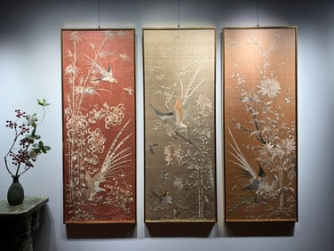 A Set of Fine Cantonese Embroidery "Flowers Added to the Brocade"