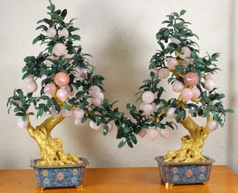 A pair of cloisonné and crystal peach bonsai