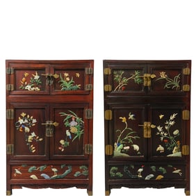 A pair of rosewood cabinets with jade inlaid flower and bird designs