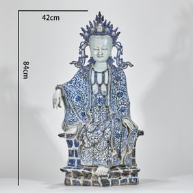 A blue and white porcelain statue of the Bodhisattva Guanyin in a sitting position from before the