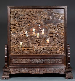 A small-leaf rosewood screen with inlaid designs of children playing under a pine tree