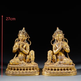 A set of gilded bronze Buddha statues with gemstone inlays