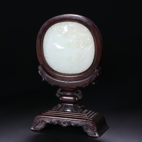 A Hetian jade table screen carved with mountain and figure designs