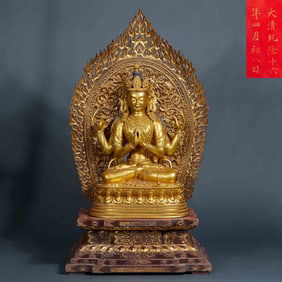 16th Year of Qianlong Period Gilt Copper Four-Armed Guanyin Buddha Statue
